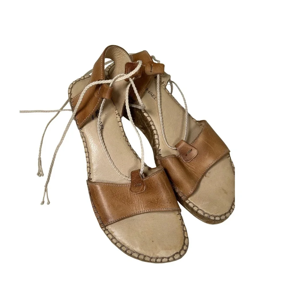 Eric Michael Espadrille Wedge Sandals Women's 40 9.5 Brown Leather Lace Up Spain